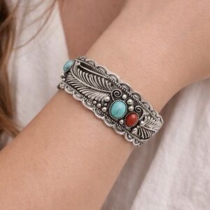 Western Turquoise & Coral Feather Cuff Bracelet Boho Silver Tone Bangle New